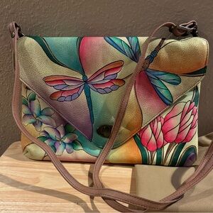 Anuschka Anna Multicolor Floral and Dragonfly Crossbody Bag